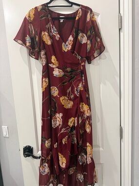 Burgundy Floral Wrap Maxi Dress